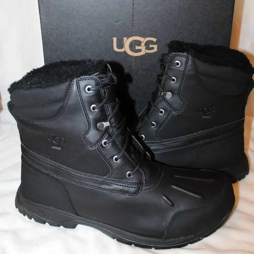NIB UGG MEN'S FELTON WINTER LEATHER‎ SHEARLING LINED BOOTS BLACK